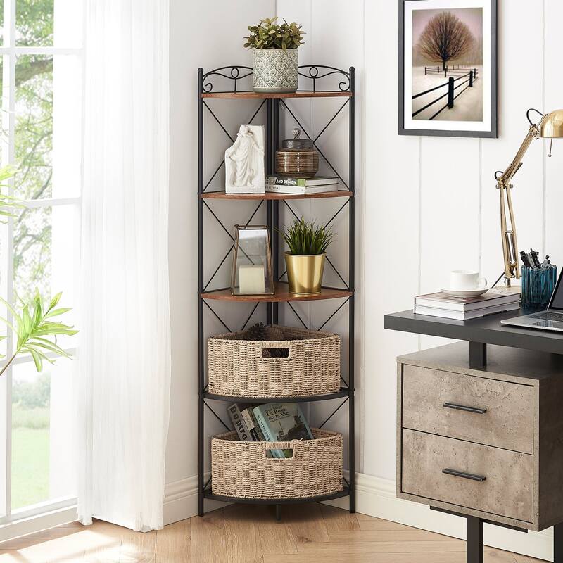 VECELO 5-Tiers Corner Storage Cabinet with Wooden Shelves, Free-Standing Organizer for Compact Space in Living Room/Bedroom