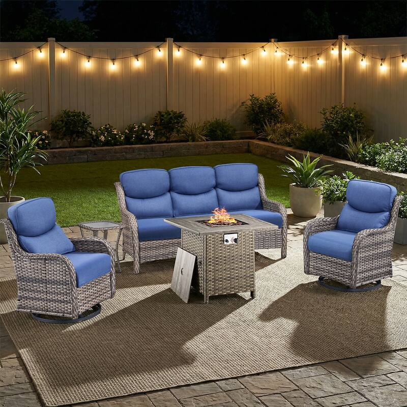 Pocassy Outdoor Propane Fire Pit Table with Sofa Swivel Chair Funiture Set. - Gray Wicker Blue Cushion - 5-Piece Sofa Swivel Chair Table w/ Fie Pit Table