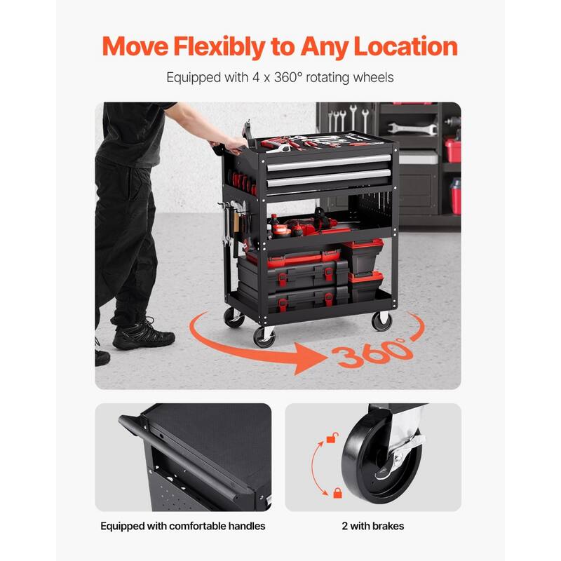 5-Tier Rolling Tool Cart with Pegboard and Lockable Drawers, 400 lb - 30.9 x 17.7 x 37.2 in
