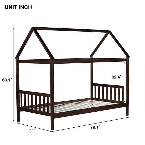 dimension image slide 2 of 5, Twin Size Solid Wood House Frame Platform Bed, with Headboard and Footboard, with Underbed Storage Space, Minimalist Kids Bed
