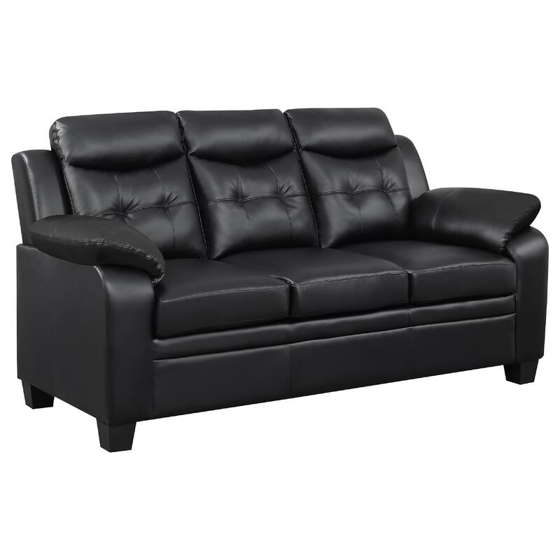 Finie 2 Piece Sofa and Loveseat Set, Black Faux Leather, Soft Foam