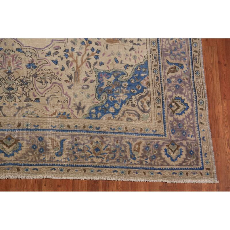 Geometric Tabriz Persian Area Rug Handmade Beige Wool Carpet - 7'8"x 11'3"