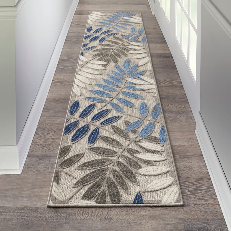 Nourison Aloha Leaf Print Vibrant Indoor/Outdoor Area Rug - 2'3" x 10' Runner - Grey/Blue