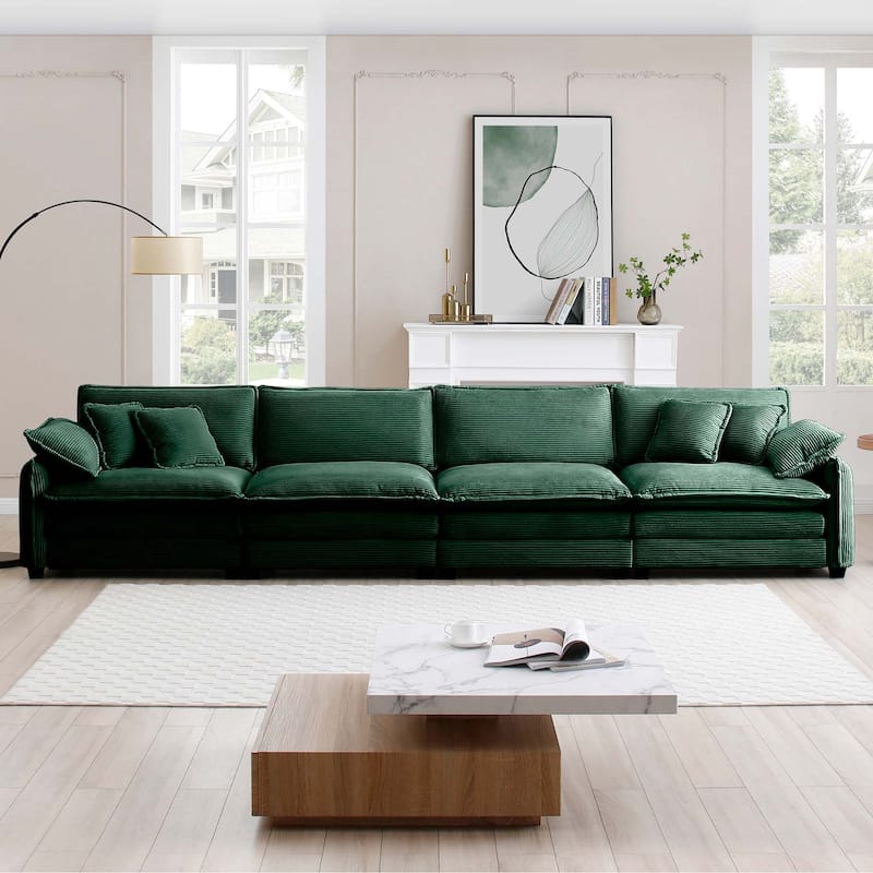 Green 150" Corduroy Upholstered 4-seater Modular Sectional Sofa with 6 Pillows, Free Combination Design