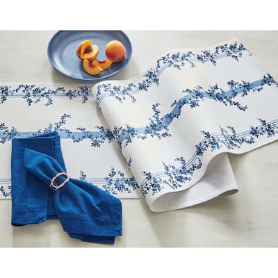 Cottage Runner Blue Stripe Floral Print on White Background Cotton Machine Washable Table Runner, 72" x 14.5"-in.
