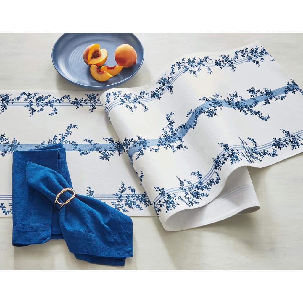 Cottage Runner Blue Stripe Floral Print on White Background Cotton Machine Washable Table Runner, 72" x 14.5"-in.