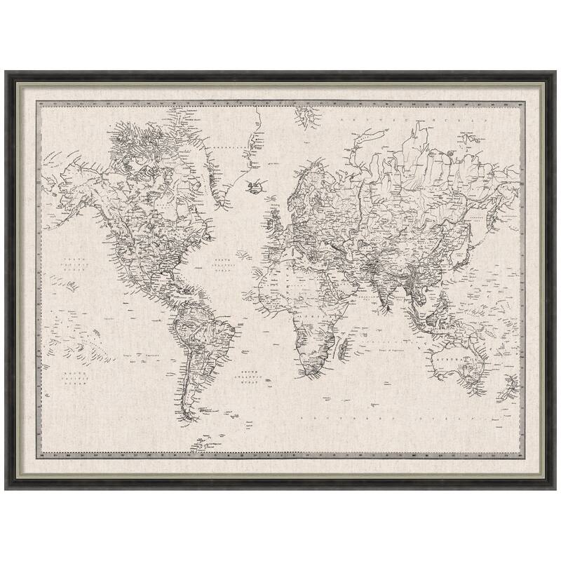 Kate and Laurel Framed Fabric Pinboard Vintage Black and White Linen World Map Wall Organization - 25 x 19 - Silver