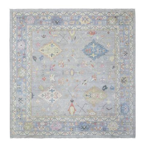Shahbanu Rugs Light Gray Afghan Oushak with Colorful Motifs Natural Dyes Soft Wool Hand Knotted Square Oriental Rug (9'10"x10')