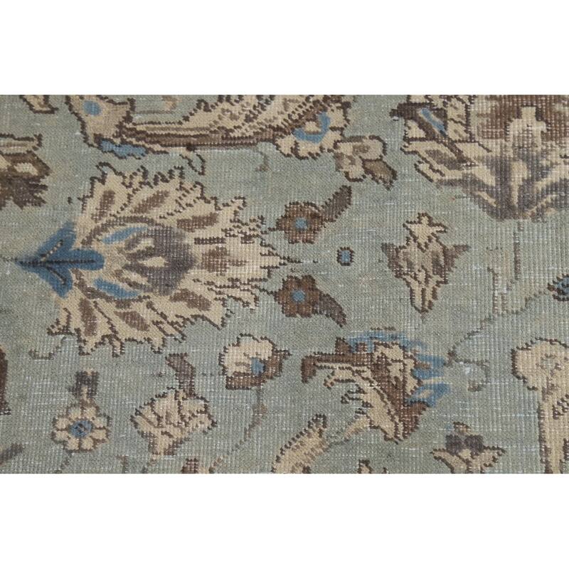Blue Tabriz Persian Rug Hand-Knotted Distressed Floral Wool Carpet - 7'4"x 10'8"