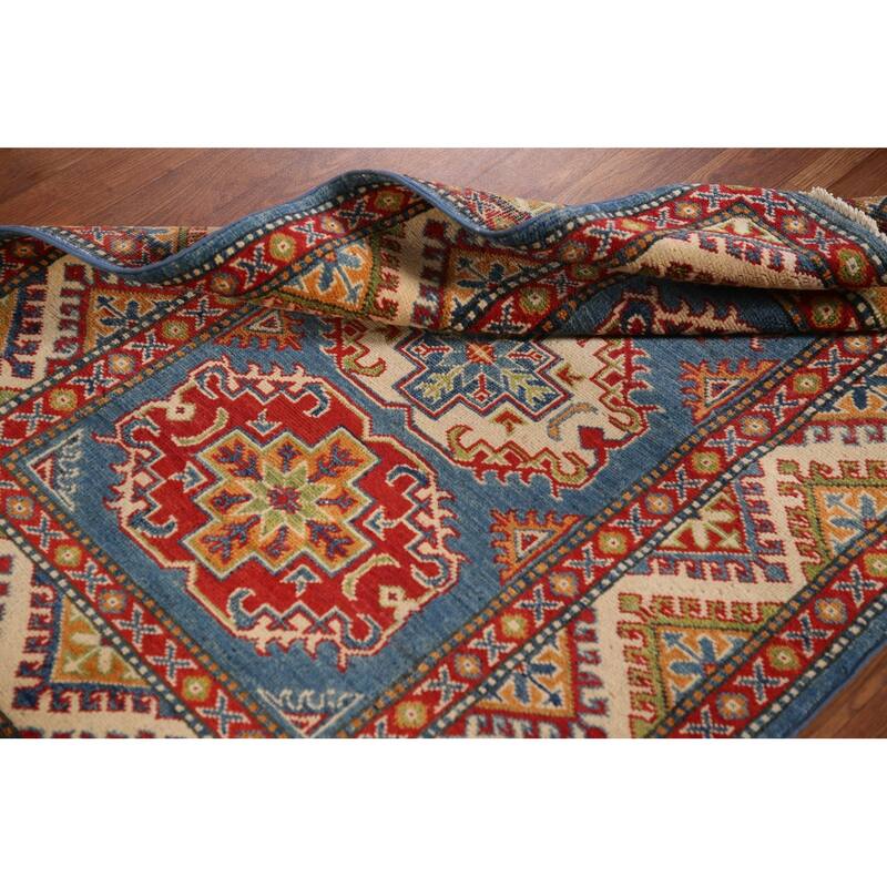 Kazak Oriental Accent Rug Hand-Knotted Blue Geometric Wool Carpet - 3'2"x 4'7"
