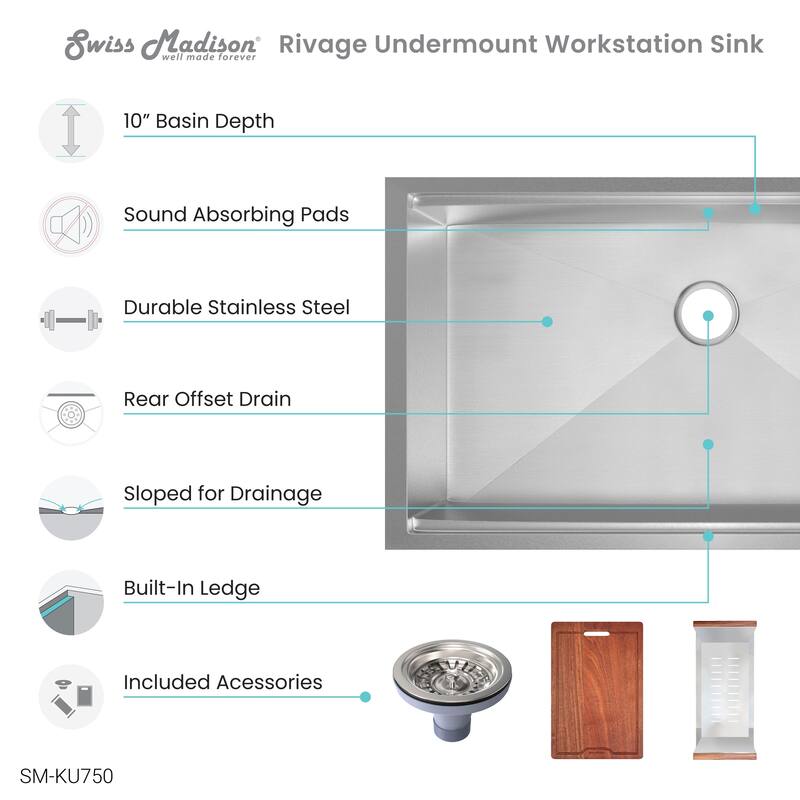 Rivage 33 x 19 Single Basin Undermount Kitchen Workstation Sink - 33 x 19
