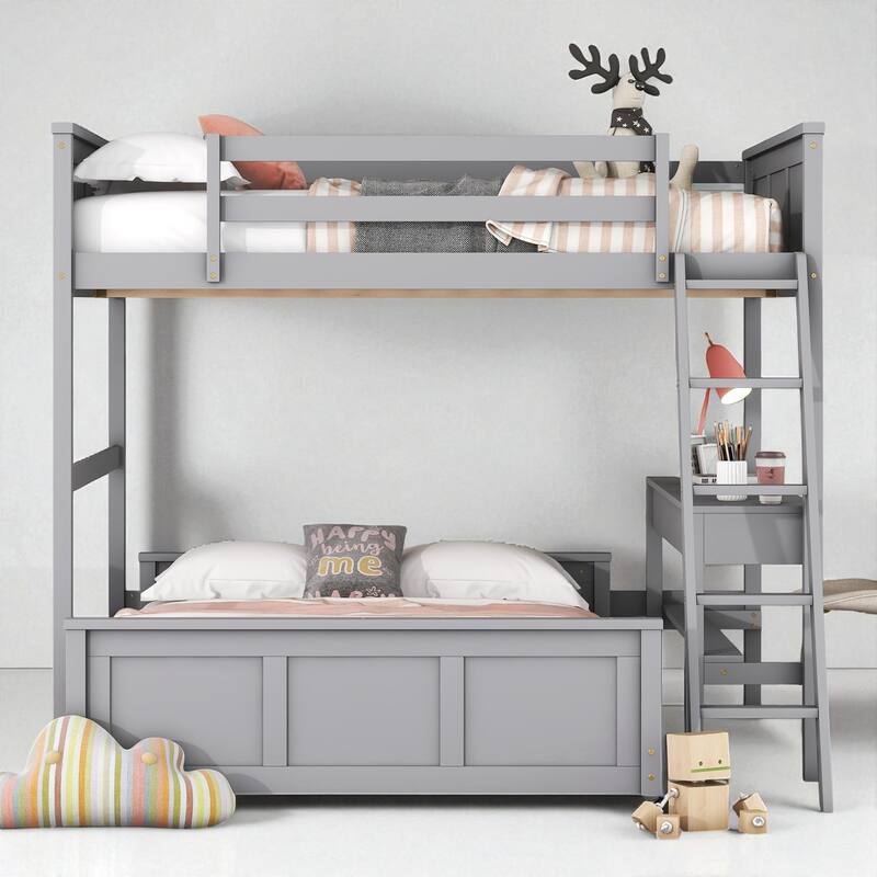 Twin Over Full / Full Over Full Bunk Bed with Built-in Desk and Storage Drawers, Solid Wood Frame