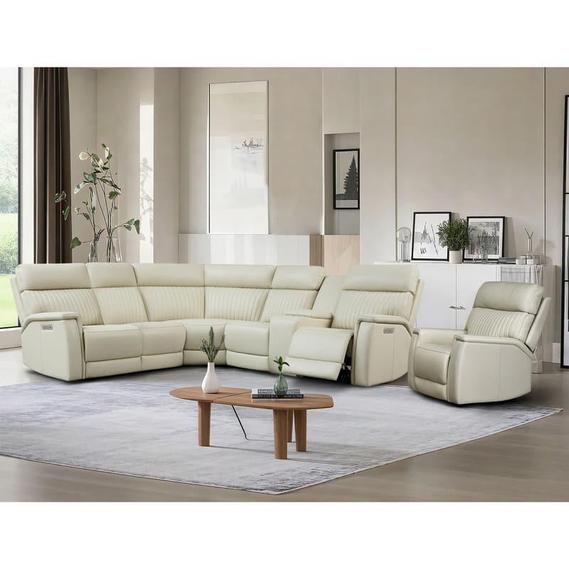 105" W Genuine Leather Power Sectional with Recliner Sofa Set with Triple Power, Single Console, USB&USB-C Ports - Cream