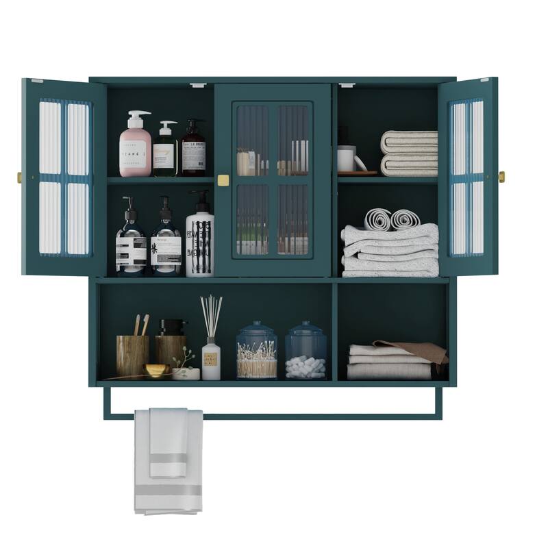 Bathroom Wall Cabinet,3-Door Wooden Cabinet with Open and Hidden Storage Space,Medicine Cabinet with Glass Door and Towel Bar
