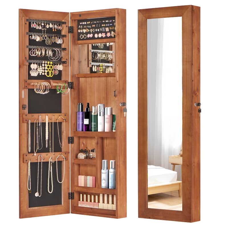 Wall-Mounted Solid Wood Jewelry Cabinet with Full-Length Mirror, 47.5x14.3 Inch, Lockable Organizer with LED Lighting‌.