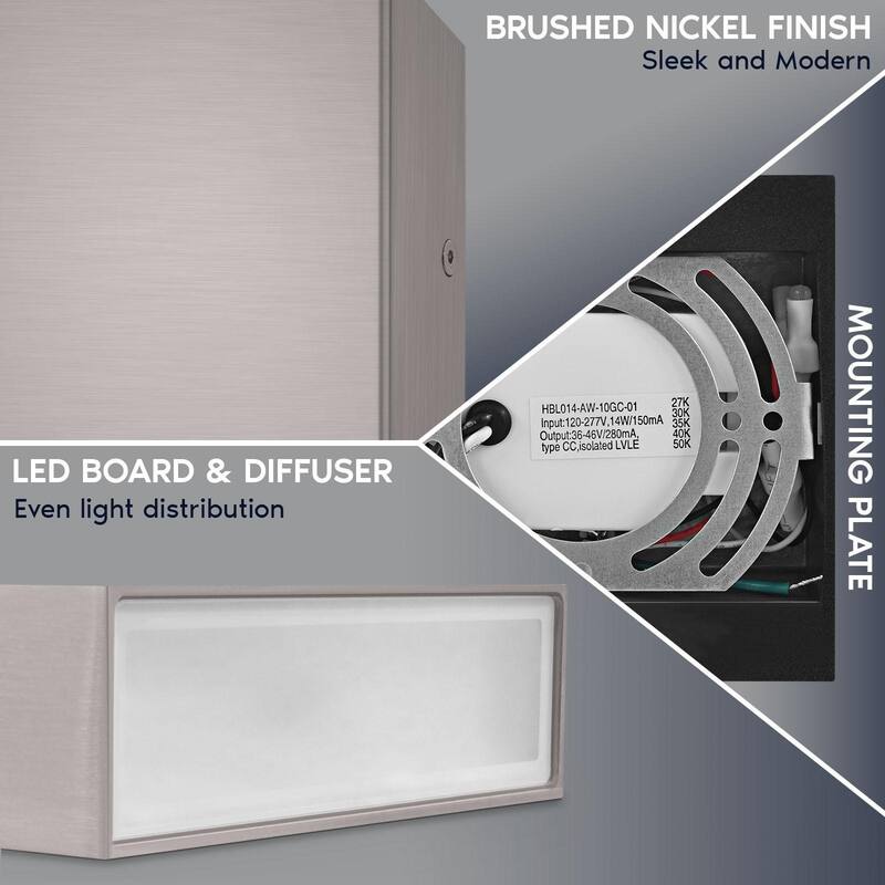 Luxrite Square LED Up and Down Wall Sconce, Metal, 5CCT 2700K-5000K, 15W, 1000LM, IP65 Waterproof, ETL, Brushed Nickel