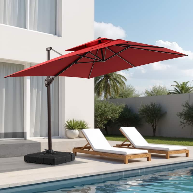 11 × 9 ft Outdoor Patio Offset Cantilever Dual Top Umbrella with Weighted Base - Red