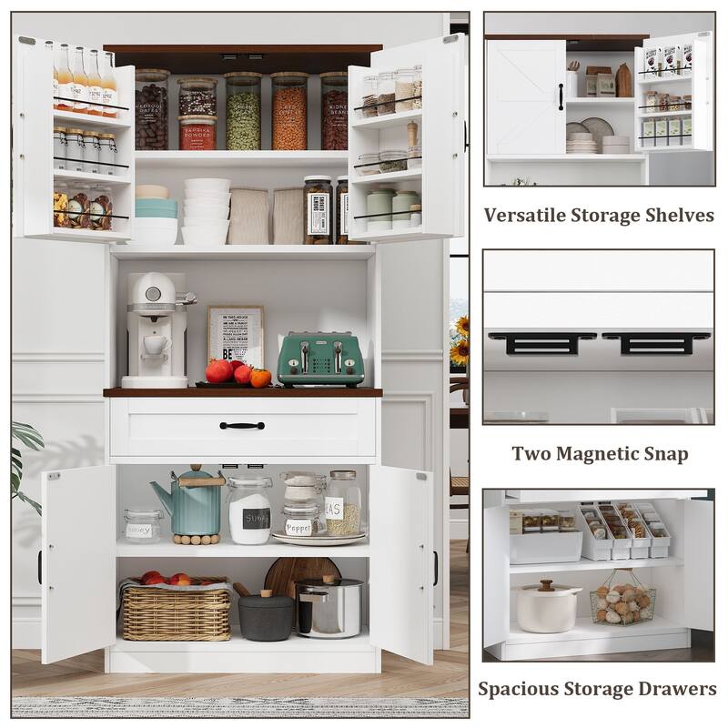 Gymojoy 70" Farmhouse Kitchen Pantry Cabinet With Operation Table & Power Outlet, Freestanding Cupboard