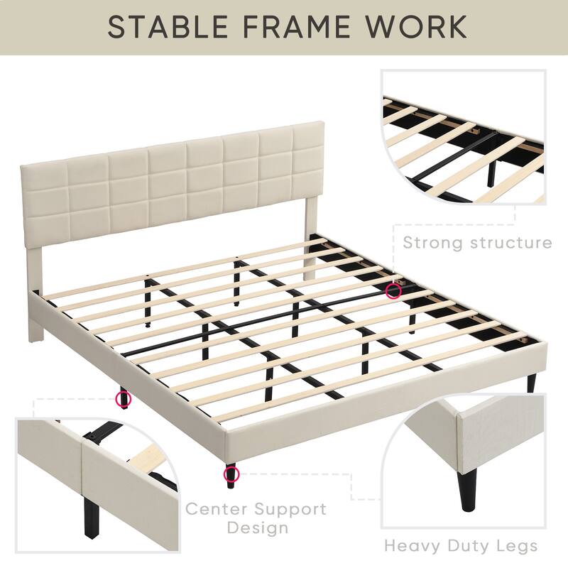 Platform Bed Frame with Fabric Upholstered Headboard