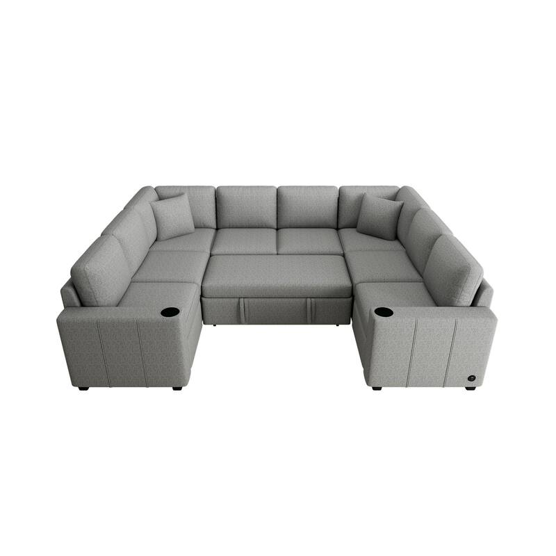 107.1" Chenille U-Shaped Sectional Sofa Bed with USB Ports and Cup Holders - Convertible Pull-Out Design