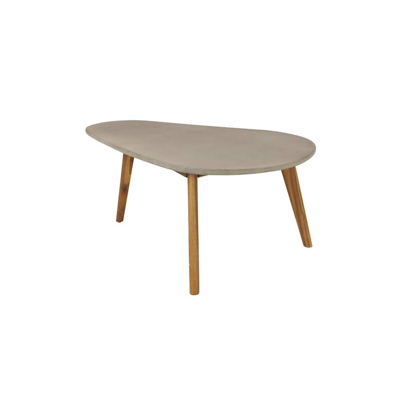 Gray Concrete Inspired Oval End Table Outdoor Accent Table with Brown Tapered Wood Legs