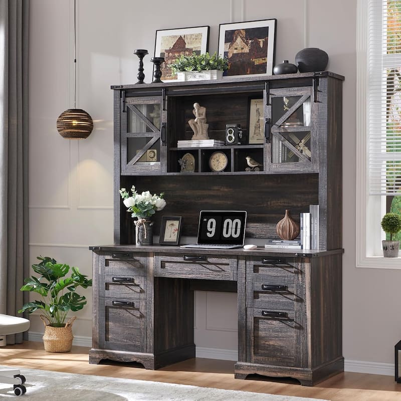 Farmhouse Desk, Wood Home Office Executive Desk with Charging Station - Dark Rustic Oak