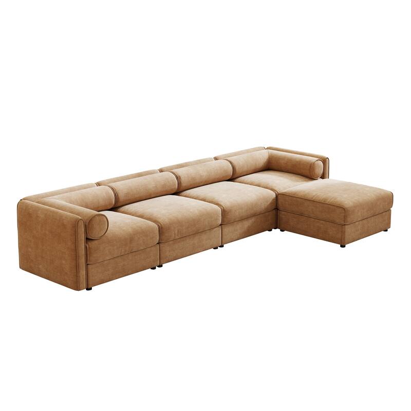 142.5" 4-Seater L-Shaped Chenille Sectional Sofa with Storage and Cylindrical Backrest