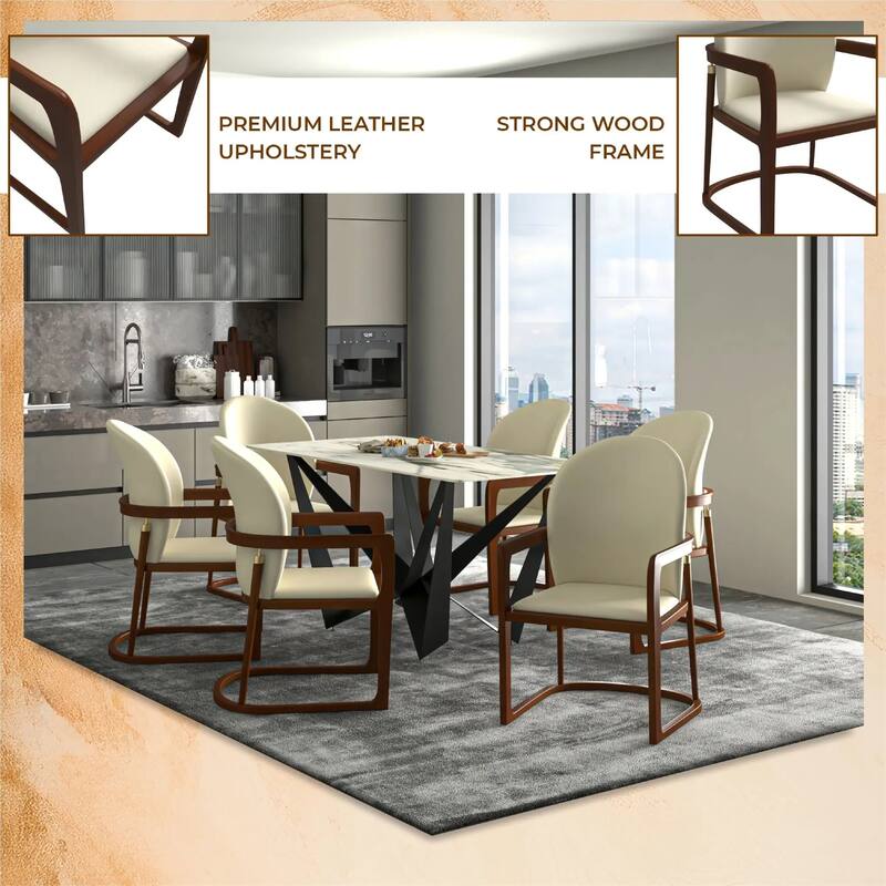 Svelta Leather Dining Chair with Rubberwood Legs Curved Back Accent Arm Chair for Kitchen and Dining Room Set of 4