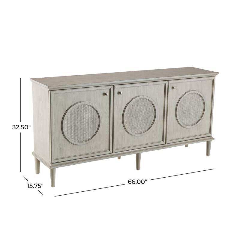 Wooden Washed Circular Woven Rattan 3 Door Sideboard with Round Silver Knobs - Light Gray - Roche River Decor