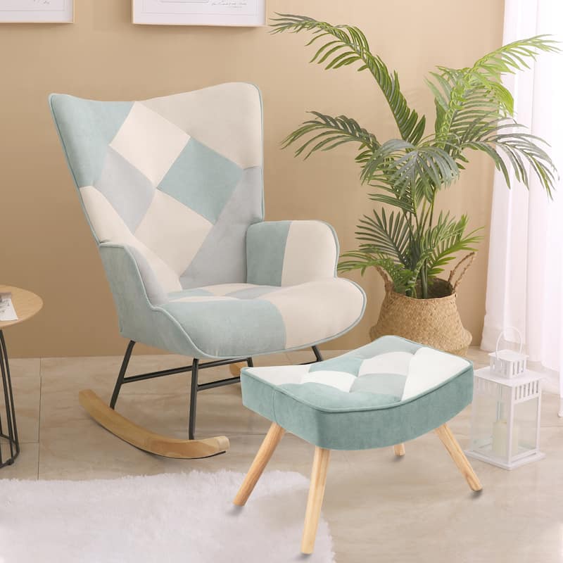 Modern 35.4" High Back Upholstered Rocking Chair with Ottoman and Wood Legs for Living Room - Blue Colorful