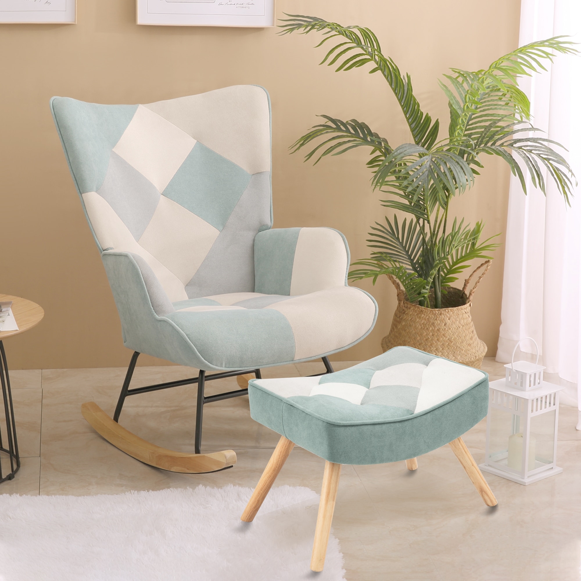 Rocking Chair with Ottoman, Mid Century Fabric Rocker Chair with Wood Legs and Patchwork Linen for Livingroom Bedroom