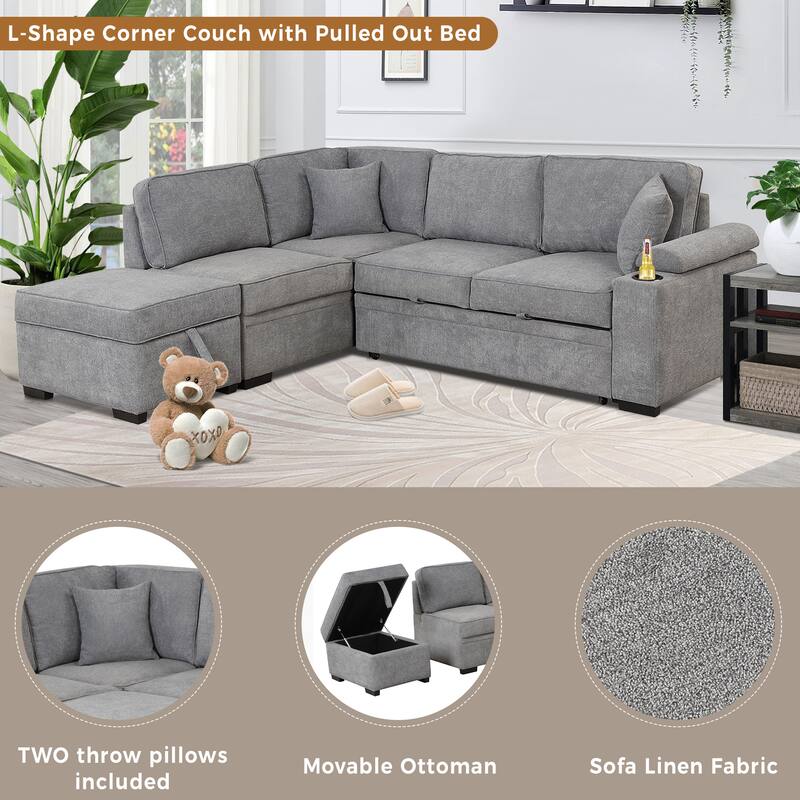 Sleeper Sofa Bed with Storage Ottoman, 2 in 1 Convertible Sectional Sofa Couch, Linen 4-Seater Sofa with Cup Holder