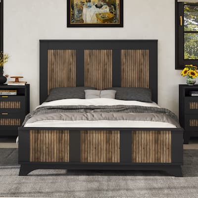Full-Size Wood Platform Bed Frame with Headboard - Wooden Strip Decoration and Plywood Slat Support