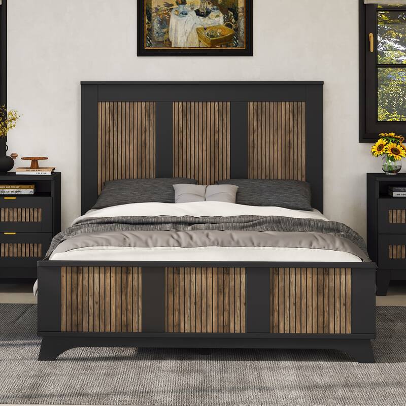 Stylish Platform Bed Slats Support Wood Bed, Rustic Farmhouse Style Bed Frame with Wooden Strip Decoration Elevated Headboard