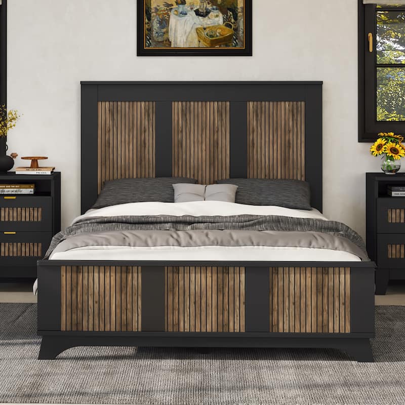 Wooden Platform Bed, Wingback Bed Frame with Wooden Strip Decoration Headboard and Footboard, Plywood Slats Support - Black - Full