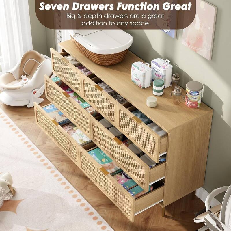 Rattan 7 Drawer Dressers TV Stand for Bedroom Living Room