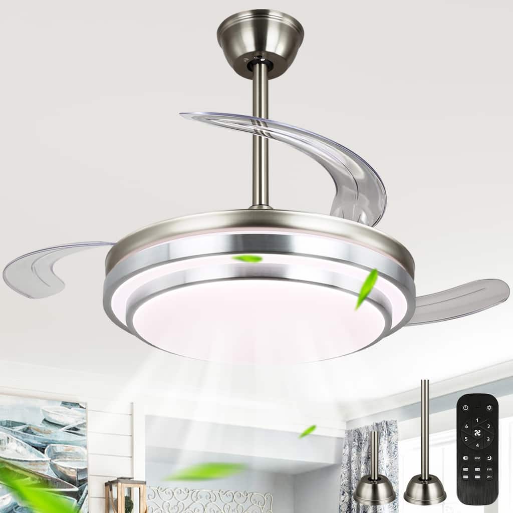 Cusp Barn 42 Inch Retractable Ceiling Fan with Lights, Modern Silent DC Motor 6 Speeds Chandelier Ceiling Fan for Bedroom