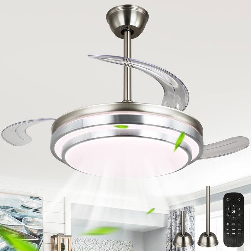 Cusp Barn 42 Inch Retractable Ceiling Fan with Lights, Modern Silent DC Motor 6 Speeds Chandelier Ceiling Fan for Bedroom - Chrome