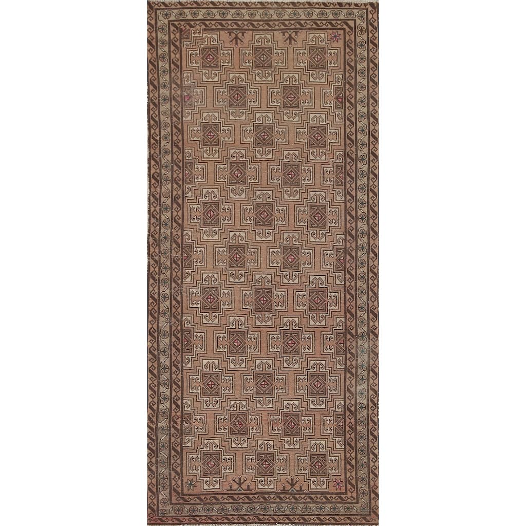 Geometric Balouch Persian Vintage Runner Rug Handmade Wool Carpet - 3'4" x 8'8"