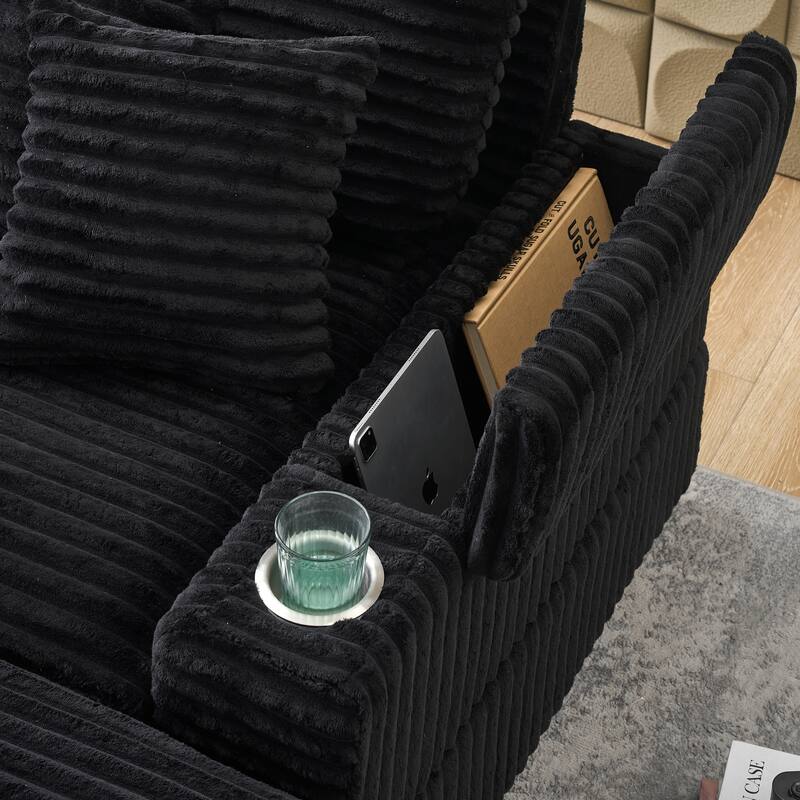 Black Corduroy Single Sofa with Pillows and Ottoman