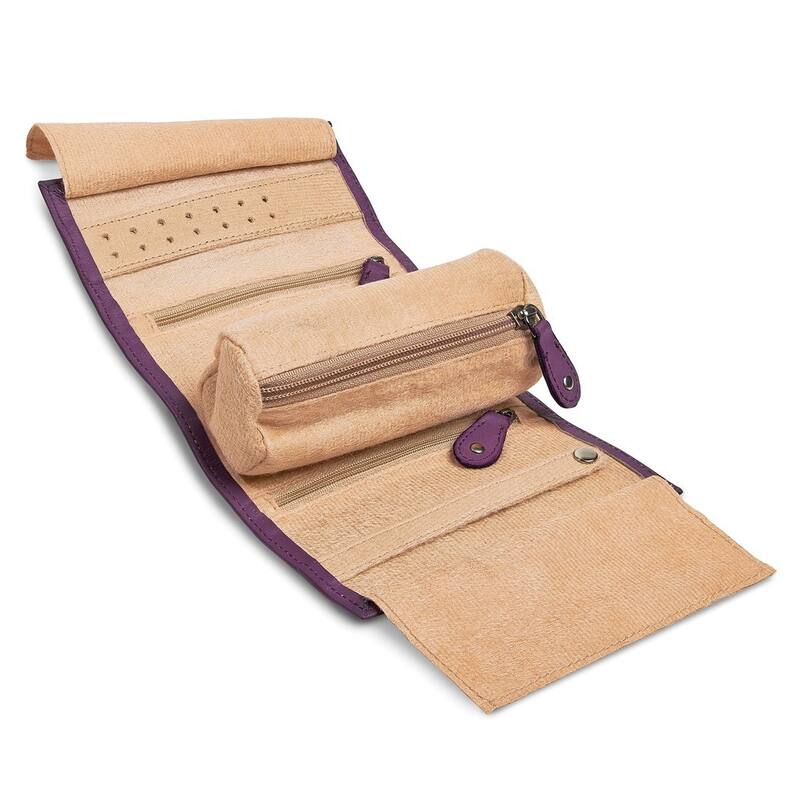 Curata Purple Leather Tie Jewelry Roll with Removable Zippered Pouch