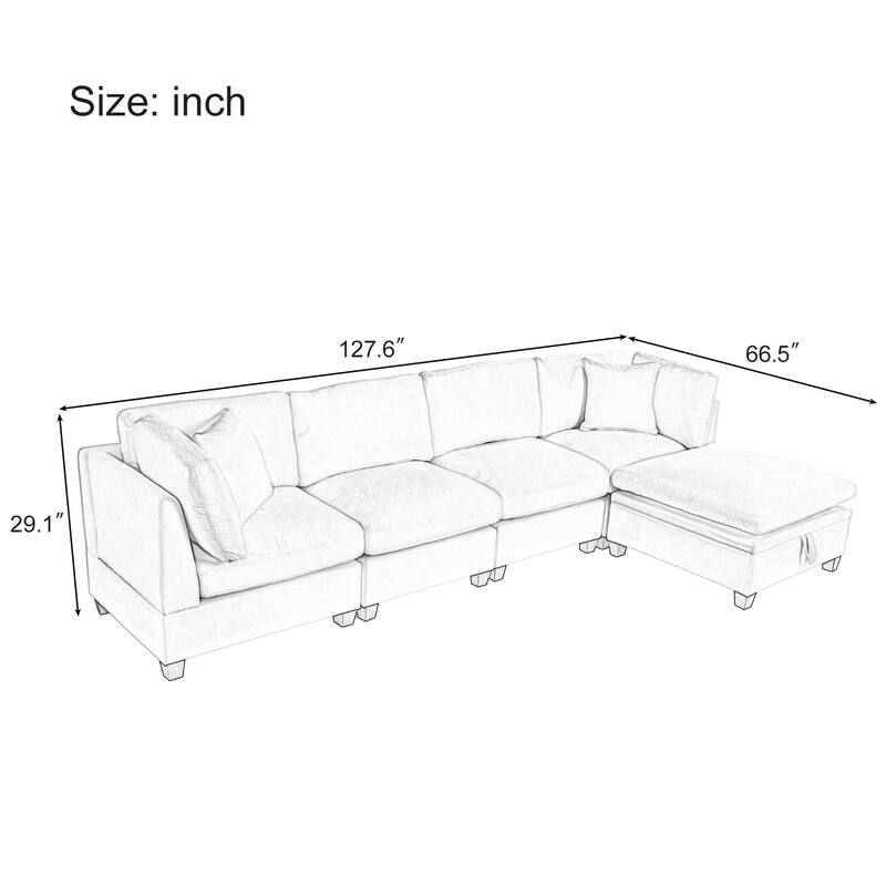 127.6" Polyester Modular Sectional 5-Seat L-Shaped Sofa with Storage Ottoman and Hidden Cup Holders
