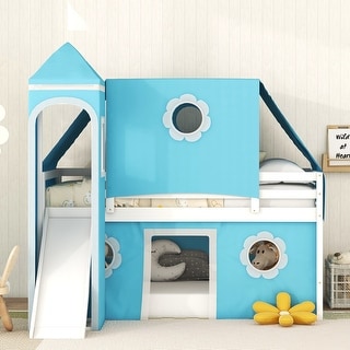 Twin Size House Loft Bed with Slide and Tent, Solid Wood Tent Bed Frame with Tower and Ladders, for Kids, Teens, Boys & Girls