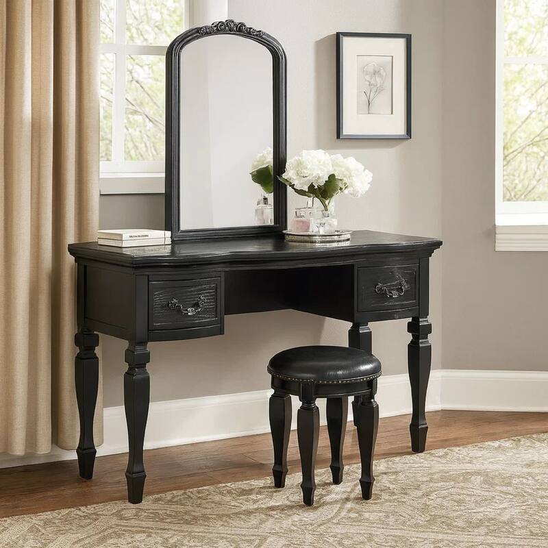 3 Piece Vanity Set with Carved Mirror and Turned Legs, Black