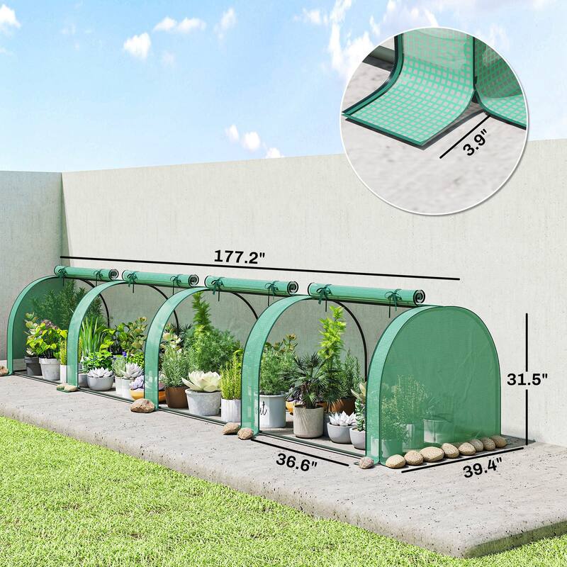 Outsunny Mini Greenhouse, 177.2" x 39.4" x 31.5" Portable Greenhouse with 4 Roll-Up Doors, PE Cover