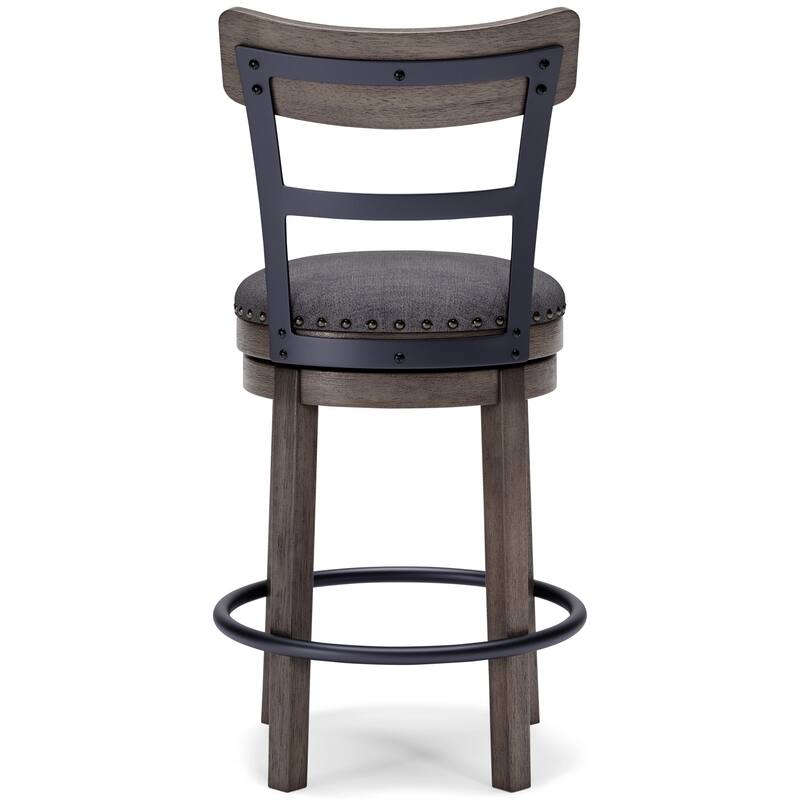 Swivel Barstool with Nailhead Trim and Curved Panel Back, Gray