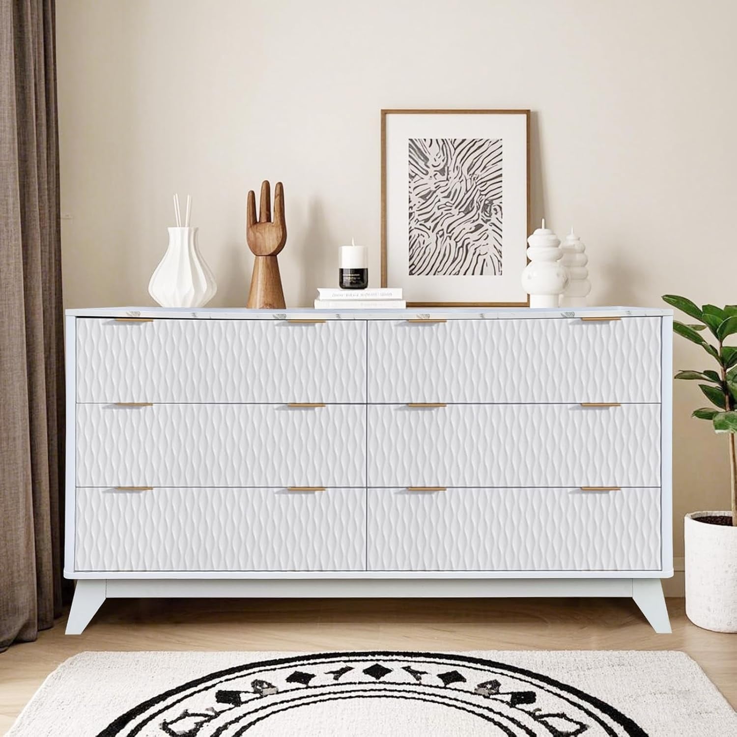 54 Inch Curved 6 Drawer Dresser with Marble Style Top, Wooden Chest of Drawers Storage Cabinet for Bedroom
