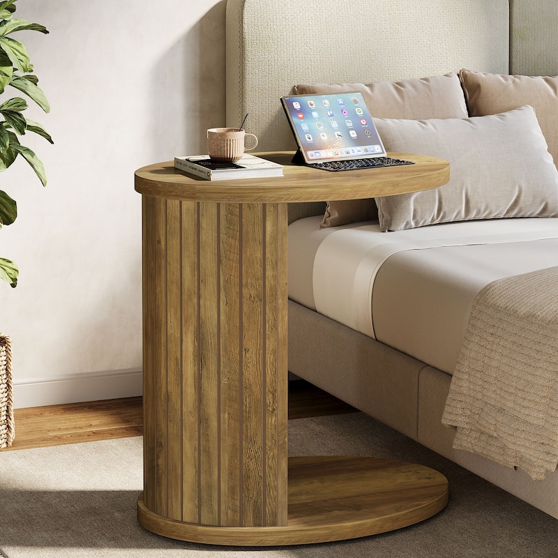 C-Shaped End Table for Couch, Fluted Sofa Side Table with Shelf