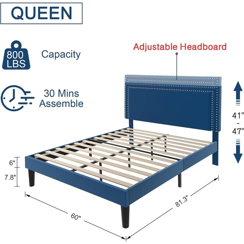 VECELO Upholstered Bed Frames with Height Adjustable Headboard