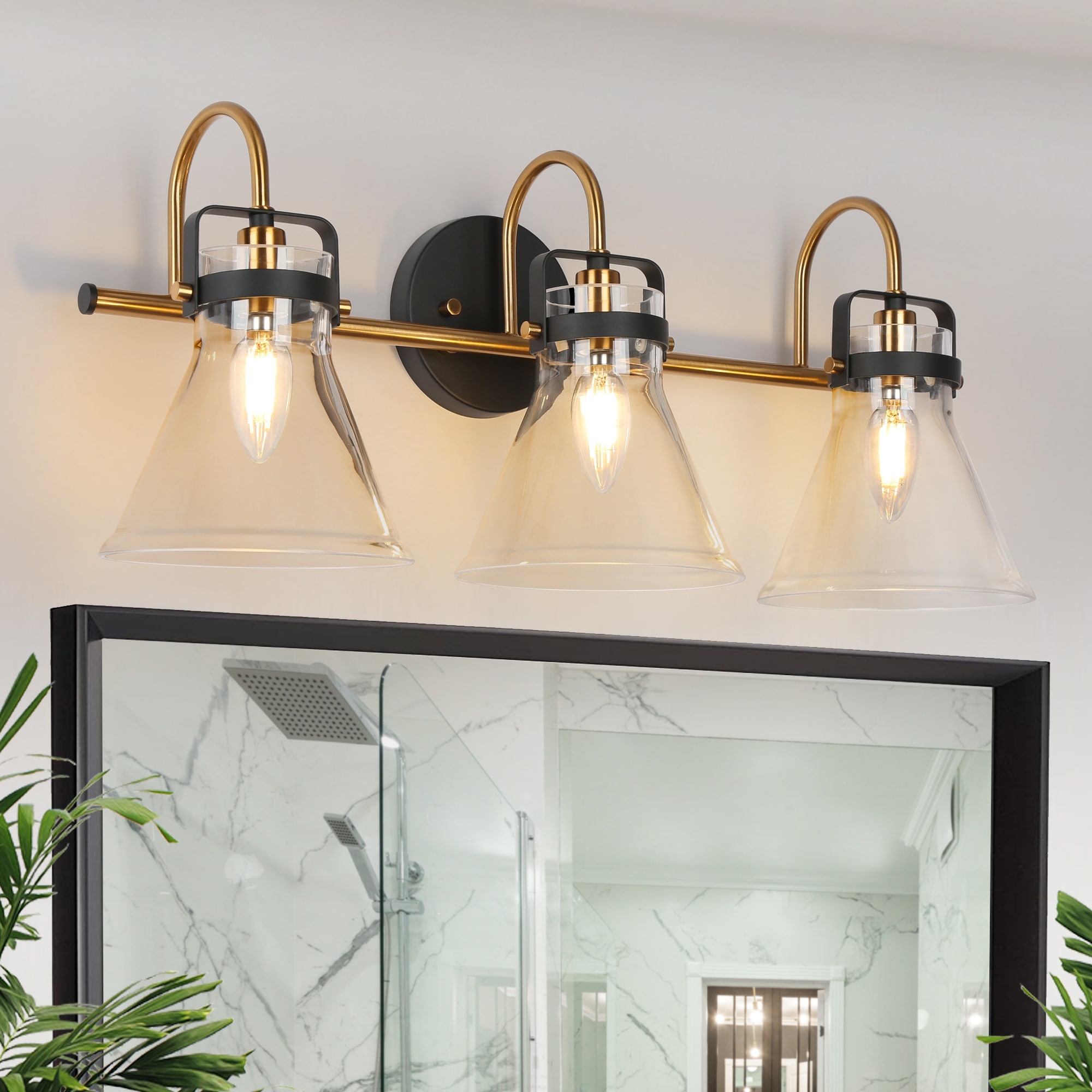 Mutch Modern Farmhouse 3-light Brass Bathroom Vanity Light Industrial Glass LED Dimmable Wall Sconce - L 23.6"* D 8.3"* H 9.8"